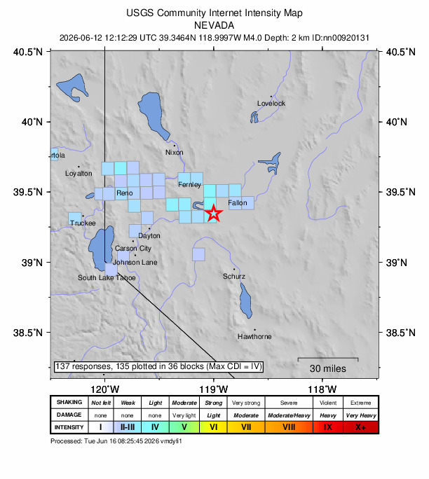USGS DYFI community-reported intensity map for the M4.0 earthquake near 20 km ESE of Silver Springs, Nevada
