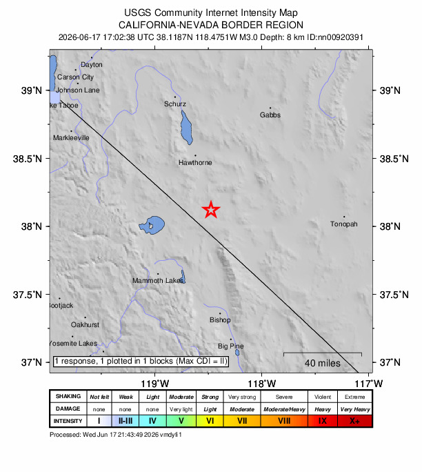 USGS DYFI community-reported intensity map for the M3.0 earthquake near 33 km N of Benton, California