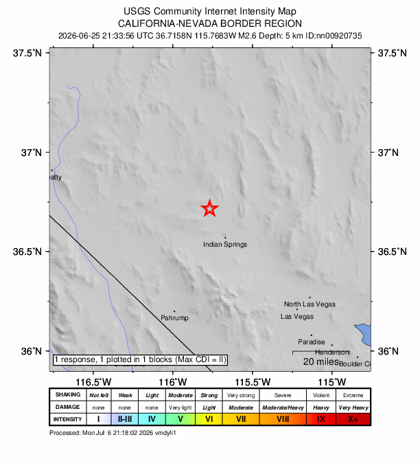 USGS DYFI community-reported intensity map for the M2.6 earthquake near 18 km NNW of Indian Springs, Nevada