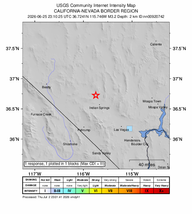 USGS DYFI community-reported intensity map for the M3.2 earthquake near 18 km NNW of Indian Springs, Nevada