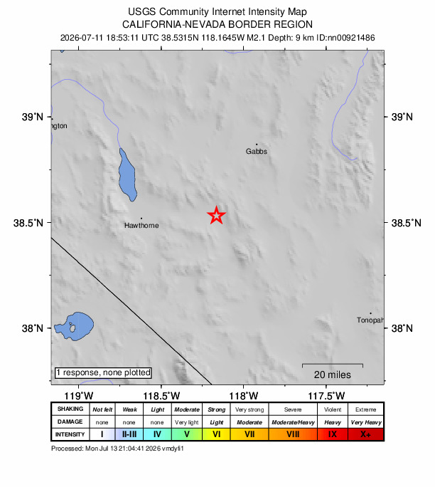 USGS DYFI community-reported intensity map for the M2.1 earthquake near 16 km NNW of Mina, Nevada