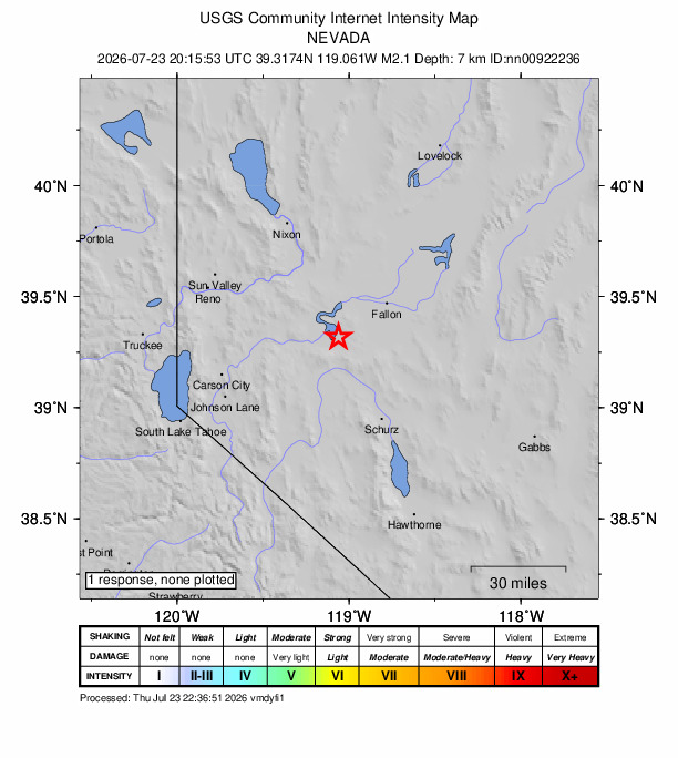 USGS DYFI community-reported intensity map for the M2.1 earthquake near 17 km SE of Silver Springs, Nevada