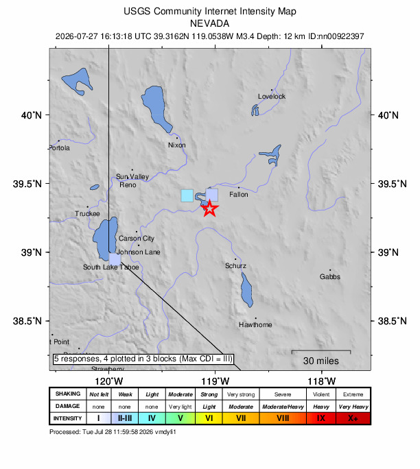USGS DYFI community-reported intensity map for the M3.4 earthquake near 18 km SE of Silver Springs, Nevada