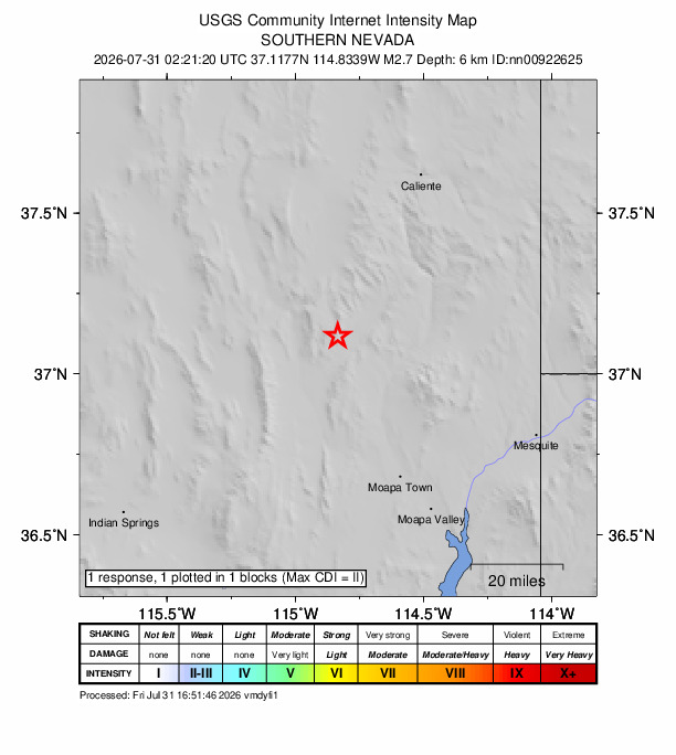 USGS DYFI community-reported intensity map for the M2.7 earthquake near 40 km SE of Alamo, Nevada