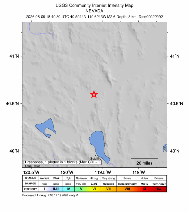 USGS DYFI community-reported intensity map for the M2.6 earthquake near 23 km WSW of Gerlach, Nevada