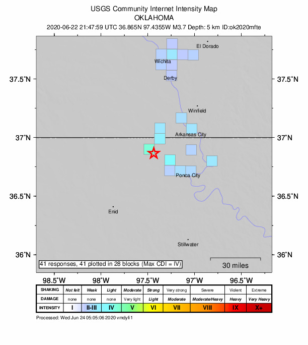 USGS DYFI community-reported intensity map for the M3.7 earthquake near 6 km N of Nardin, Oklahoma