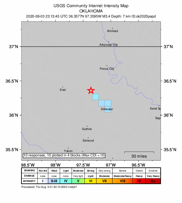 USGS DYFI community-reported intensity map for the M3.4 earthquake near 9 km NW of Perry, Oklahoma