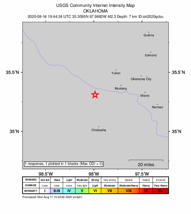 USGS DYFI community-reported intensity map for the M2.3 earthquake near 3 km W of Minco, Oklahoma