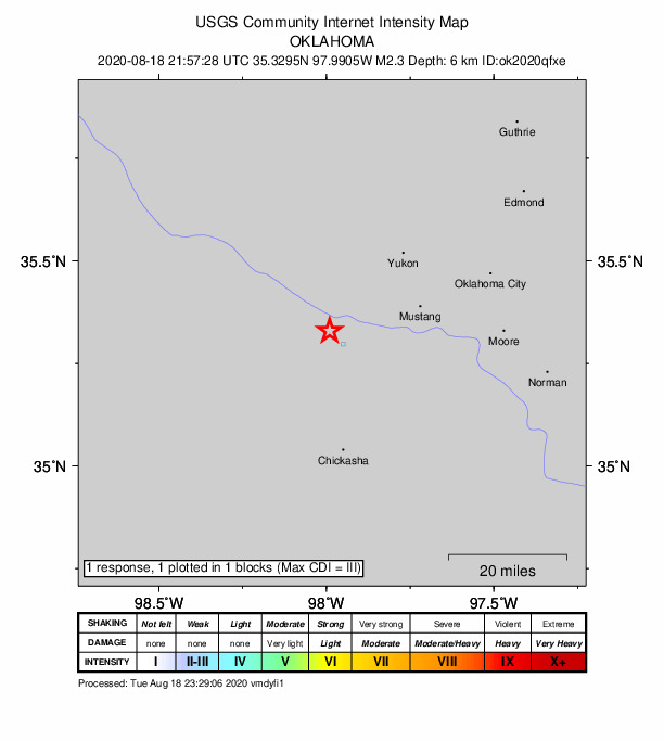 USGS DYFI community-reported intensity map for the M2.3 earthquake near 4 km WNW of Minco, Oklahoma
