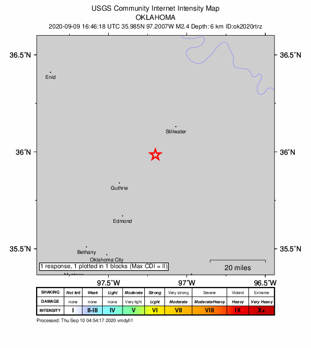 USGS DYFI community-reported intensity map for the M2.4 earthquake near 4 km NE of Coyle, Oklahoma