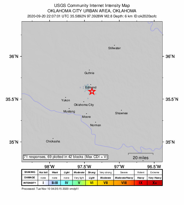 USGS DYFI community-reported intensity map for the M2.8 earthquake near 7 km NE of Lake Aluma, Oklahoma