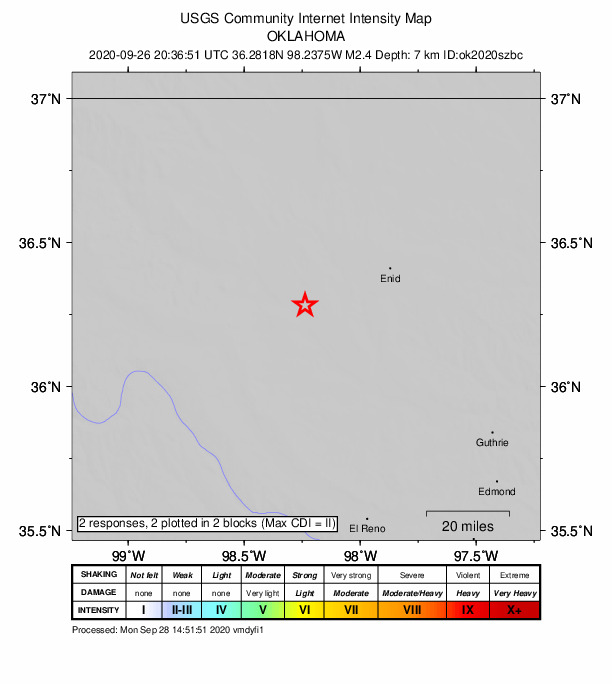 USGS DYFI community-reported intensity map for the M2.4 earthquake near 6 km NW of Ames, Oklahoma