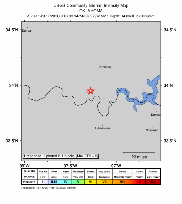 USGS DYFI community-reported intensity map for the M2.1 earthquake near 15 km W of Marietta, Oklahoma
