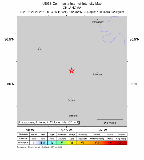 USGS DYFI community-reported intensity map for the M2.0 earthquake near 4 km W of Orlando, Oklahoma