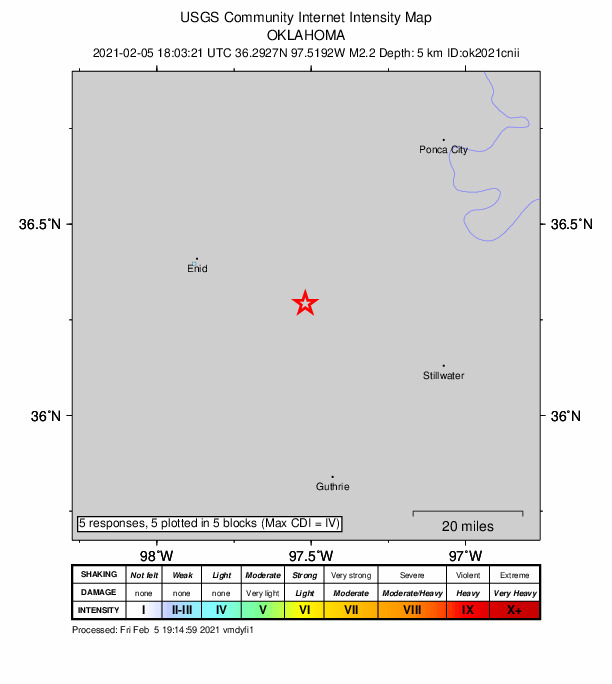 USGS DYFI community-reported intensity map for the M2.2 earthquake near 6 km WNW of Lucien, Oklahoma