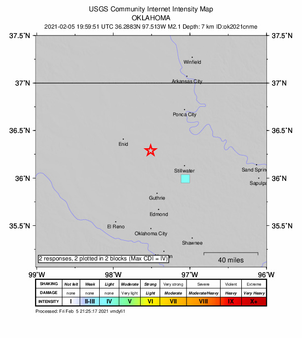 USGS DYFI community-reported intensity map for the M2.1 earthquake near 5 km WNW of Lucien, Oklahoma