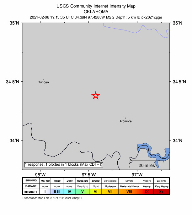 USGS DYFI community-reported intensity map for the M2.2 earthquake near 10 km SE of Ratliff City, Oklahoma