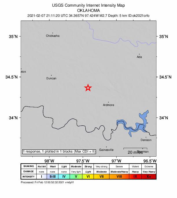 USGS DYFI community-reported intensity map for the M2.7 earthquake near 12 km SE of Ratliff City, Oklahoma