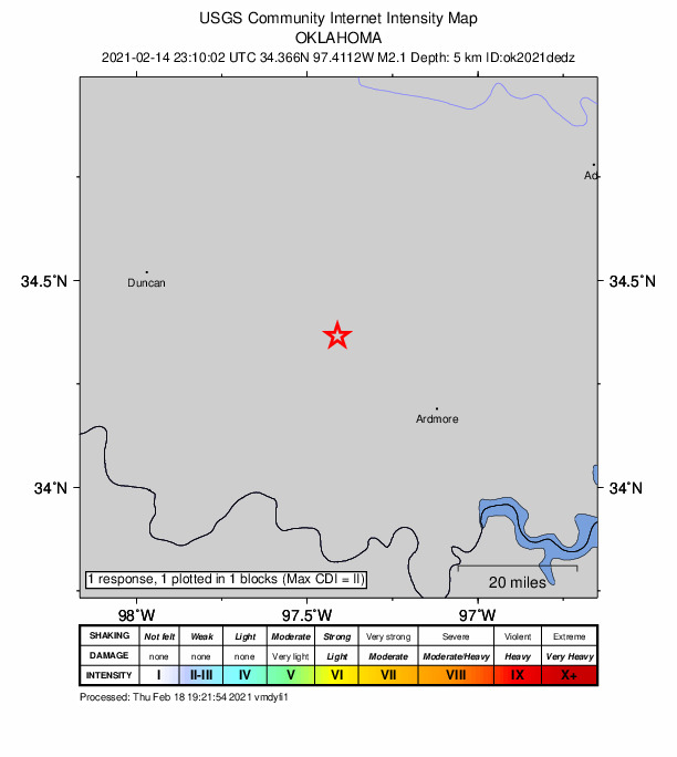 USGS DYFI community-reported intensity map for the M2.1 earthquake near 12 km SE of Ratliff City, Oklahoma