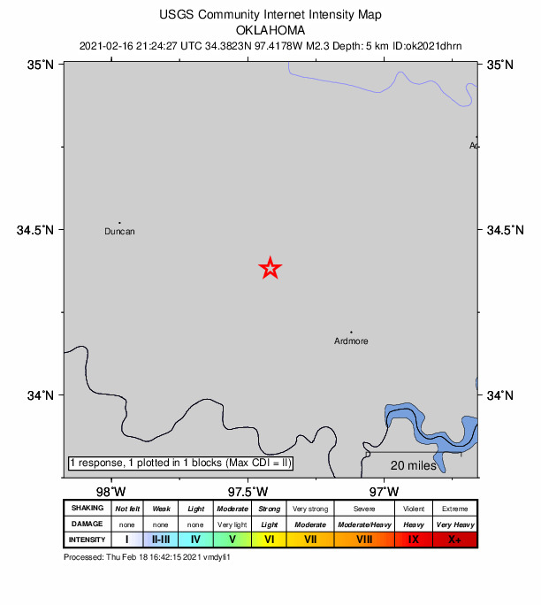 USGS DYFI community-reported intensity map for the M2.3 earthquake near 11 km SE of Ratliff City, Oklahoma