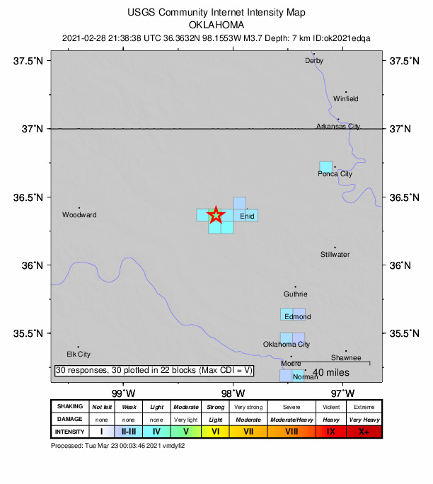 USGS DYFI community-reported intensity map for the M3.7 earthquake near 3 km SE of Meno, Oklahoma