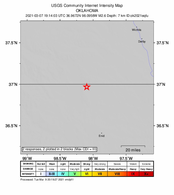 USGS DYFI community-reported intensity map for the M2.6 earthquake near 5 km WSW of Manchester, Oklahoma