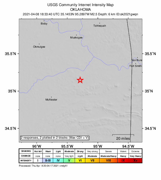 USGS DYFI community-reported intensity map for the M2.5 earthquake near 5 km WNW of Kinta, Oklahoma