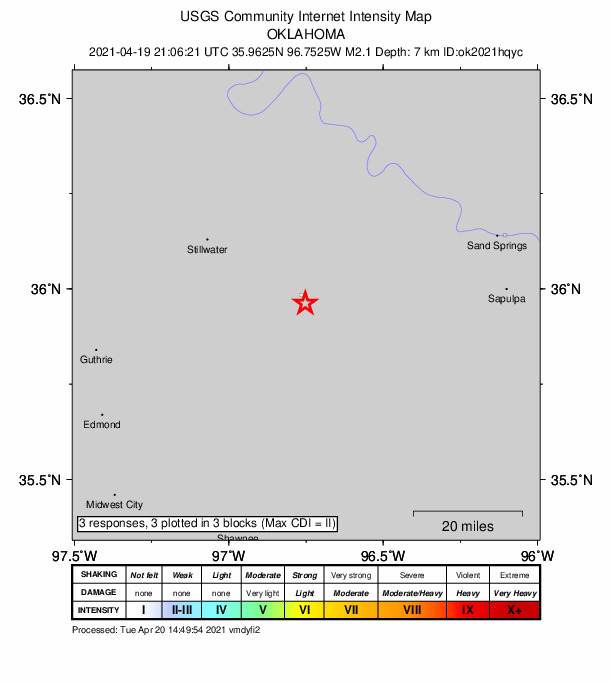 USGS DYFI community-reported intensity map for the M2.1 earthquake near 2 km SSE of Cushing, Oklahoma