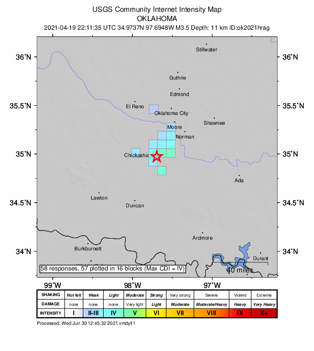 USGS DYFI community-reported intensity map for the M3.5 earthquake near 8 km SW of Dibble, Oklahoma