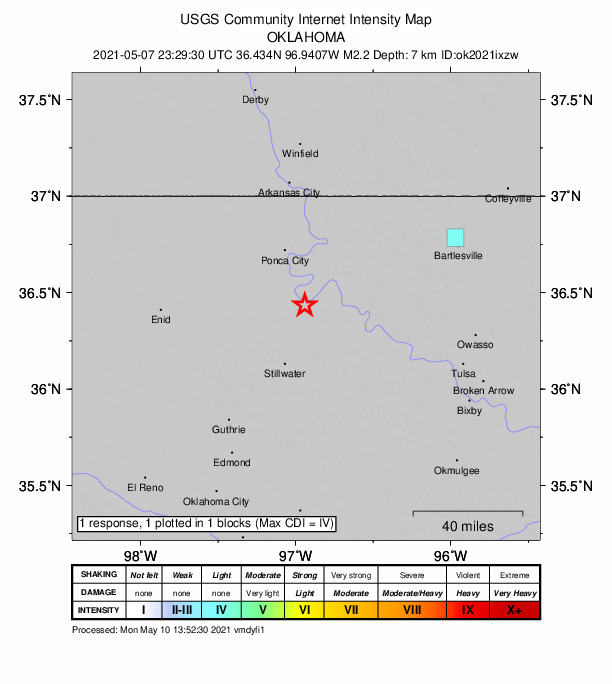 USGS DYFI community-reported intensity map for the M2.2 earthquake near 16 km NW of Pawnee, Oklahoma