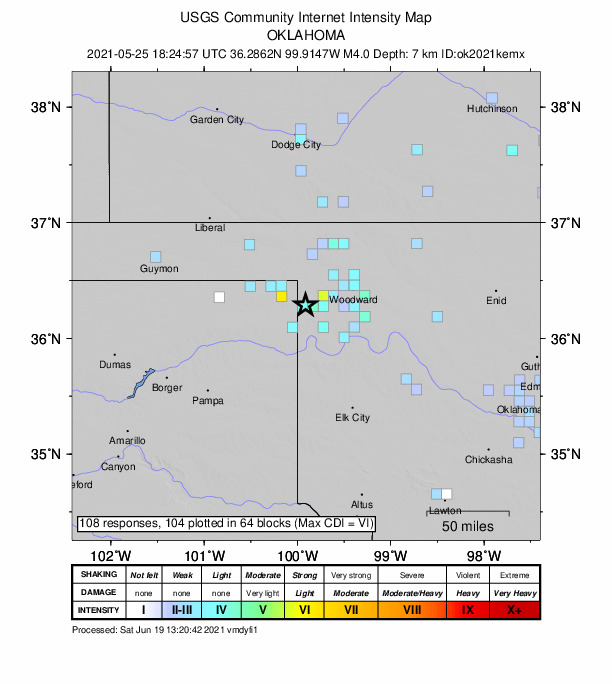 USGS DYFI community-reported intensity map for the M4.0 earthquake near 3 km WNW of Shattuck, Oklahoma