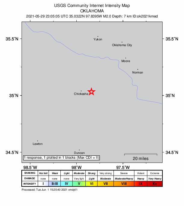 USGS DYFI community-reported intensity map for the M2.0 earthquake near 9 km ESE of Chickasha, Oklahoma