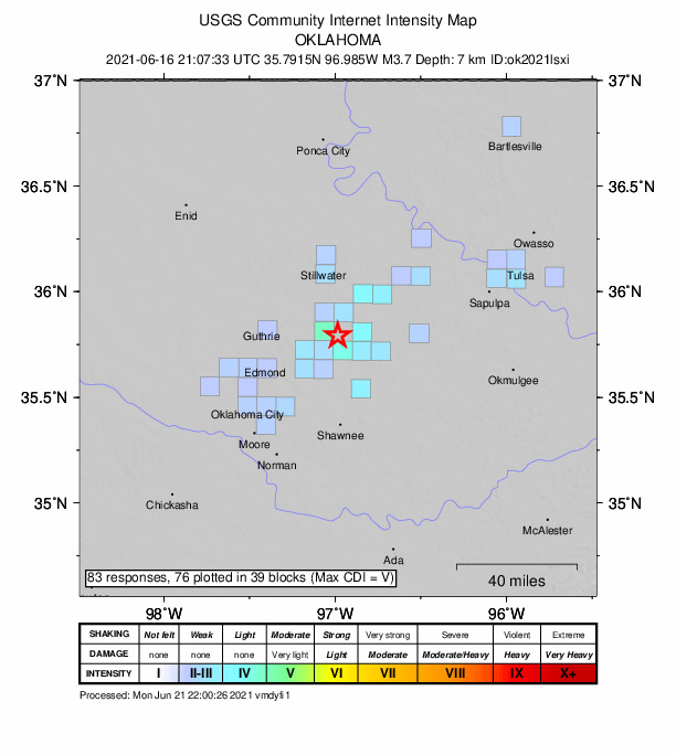 USGS DYFI community-reported intensity map for the M3.7 earthquake near 3 km SE of Carney, Oklahoma