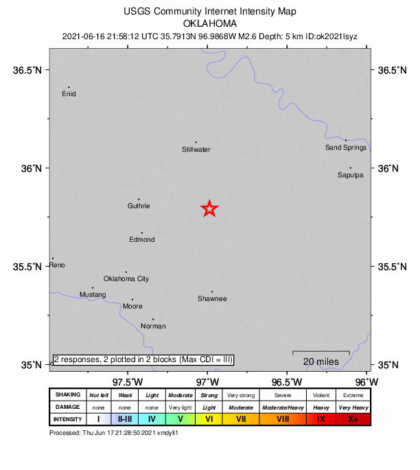 USGS DYFI community-reported intensity map for the M2.6 earthquake near 3 km SE of Carney, Oklahoma