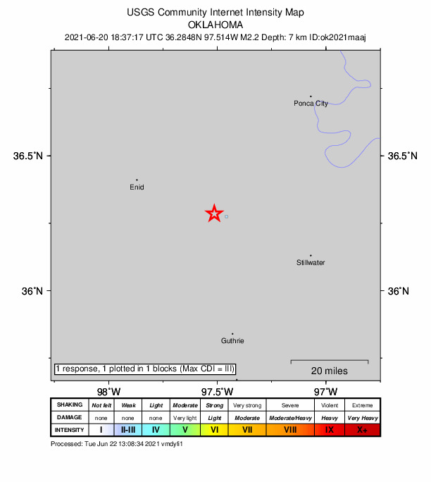USGS DYFI community-reported intensity map for the M2.2 earthquake near 5 km WNW of Lucien, Oklahoma