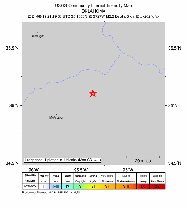 USGS DYFI community-reported intensity map for the M2.2 earthquake near 1 km S of Quinton, Oklahoma