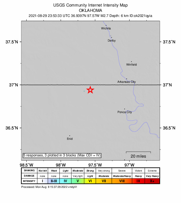 USGS DYFI community-reported intensity map for the M2.7 earthquake near 7 km ENE of Renfrow, Oklahoma
