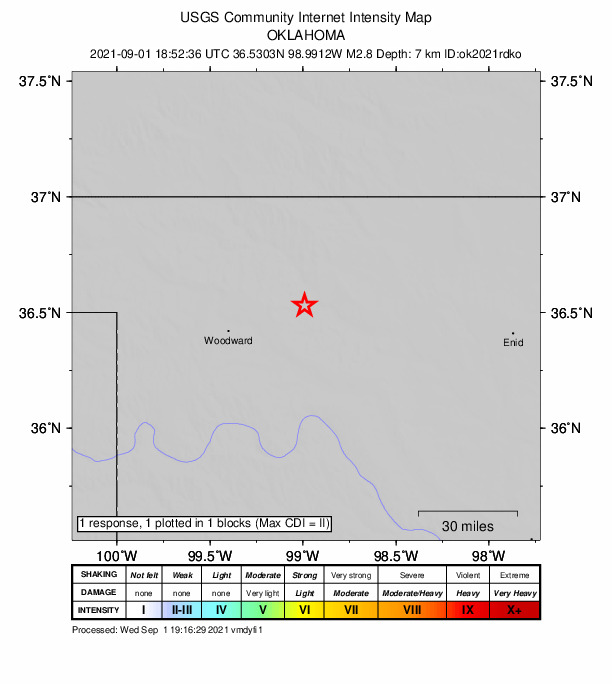 USGS DYFI community-reported intensity map for the M2.8 earthquake near 9 km NNE of Quinlan, Oklahoma