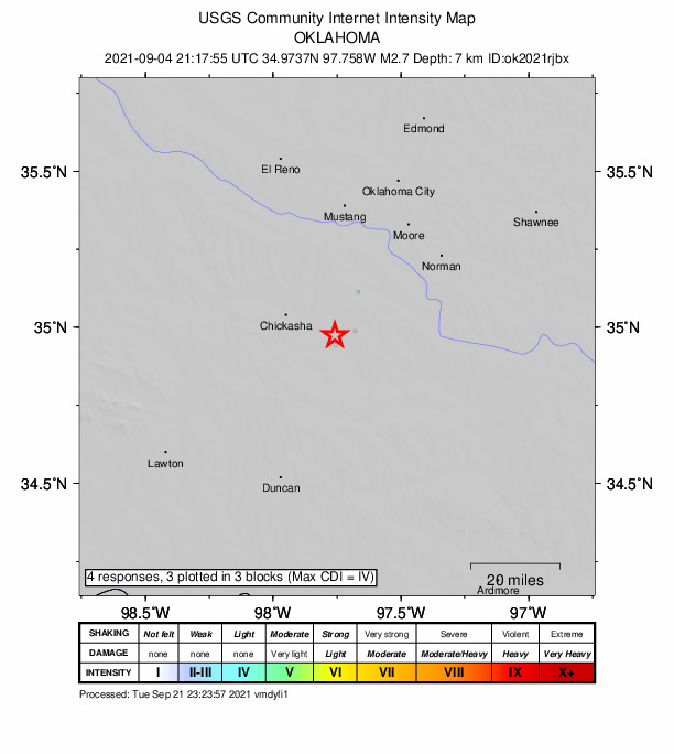 USGS DYFI community-reported intensity map for the M2.7 earthquake near 6 km NNE of Alex, Oklahoma
