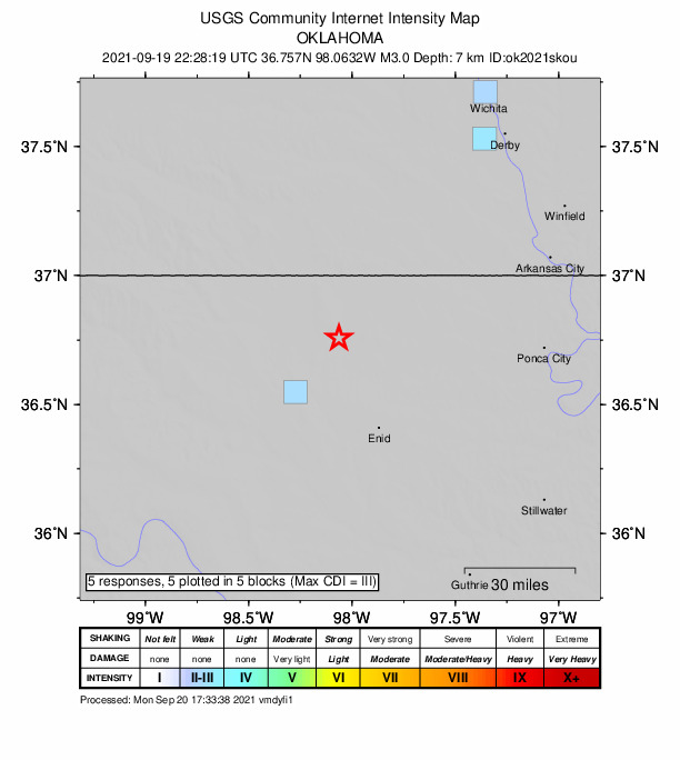 USGS DYFI community-reported intensity map for the M3.0 earthquake near 8 km E of Nescatunga, Oklahoma