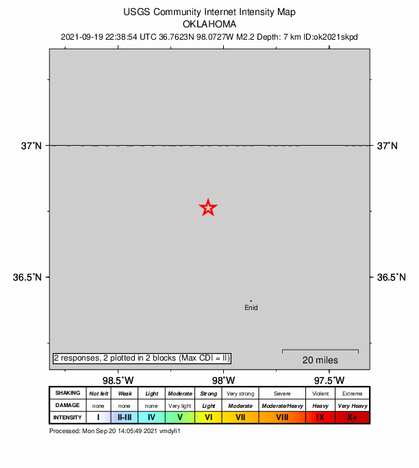 USGS DYFI community-reported intensity map for the M2.2 earthquake near 7 km E of Nescatunga, Oklahoma