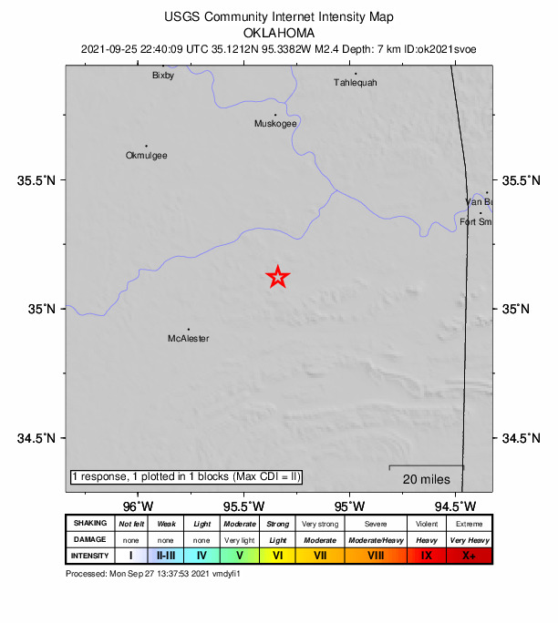 USGS DYFI community-reported intensity map for the M2.4 earthquake near 3 km E of Quinton, Oklahoma