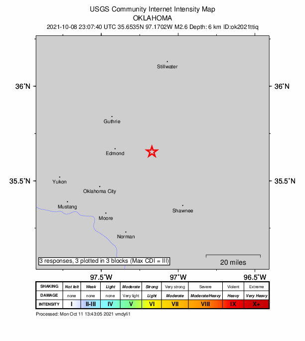 USGS DYFI community-reported intensity map for the M2.6 earthquake near 2 km ESE of Luther, Oklahoma
