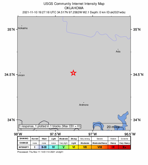 USGS DYFI community-reported intensity map for the M2.1 earthquake near 11 km SE of Katie, Oklahoma