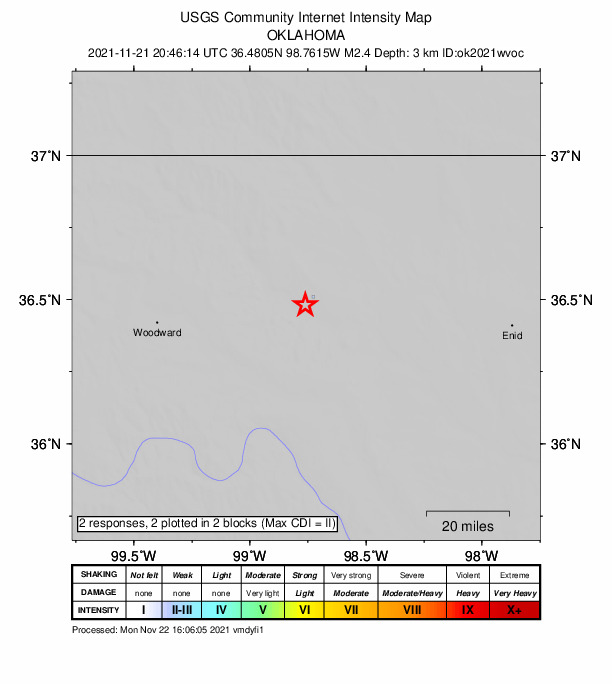 USGS DYFI community-reported intensity map for the M2.4 earthquake near 15 km SE of Waynoka, Oklahoma