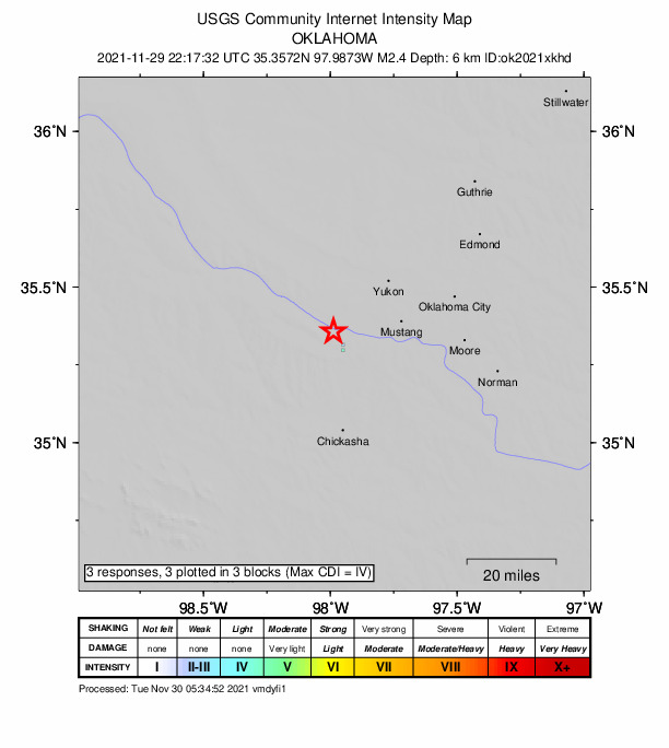 USGS DYFI community-reported intensity map for the M2.4 earthquake near 5 km SW of Union City, Oklahoma