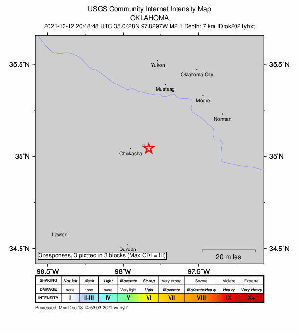 USGS DYFI community-reported intensity map for the M2.1 earthquake near Oklahoma