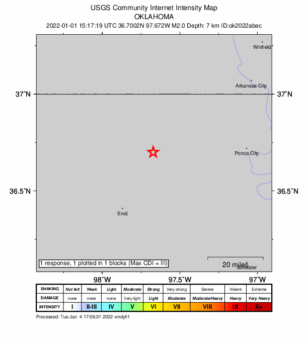 USGS DYFI community-reported intensity map for the M2.0 earthquake near 10 km W of Lamont, Oklahoma