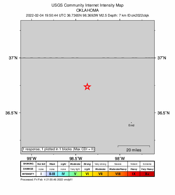 USGS DYFI community-reported intensity map for the M2.5 earthquake near 2 km SSW of Cherokee, Oklahoma