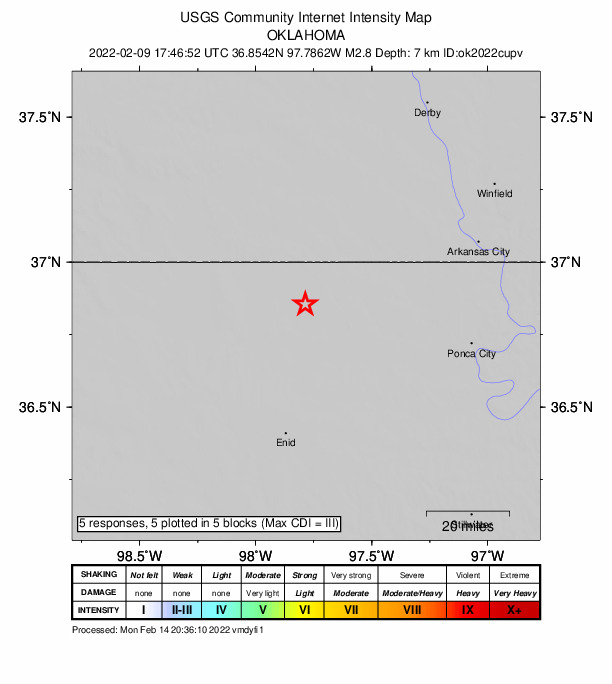 USGS DYFI community-reported intensity map for the M2.8 earthquake near 7 km NW of Medford, Oklahoma